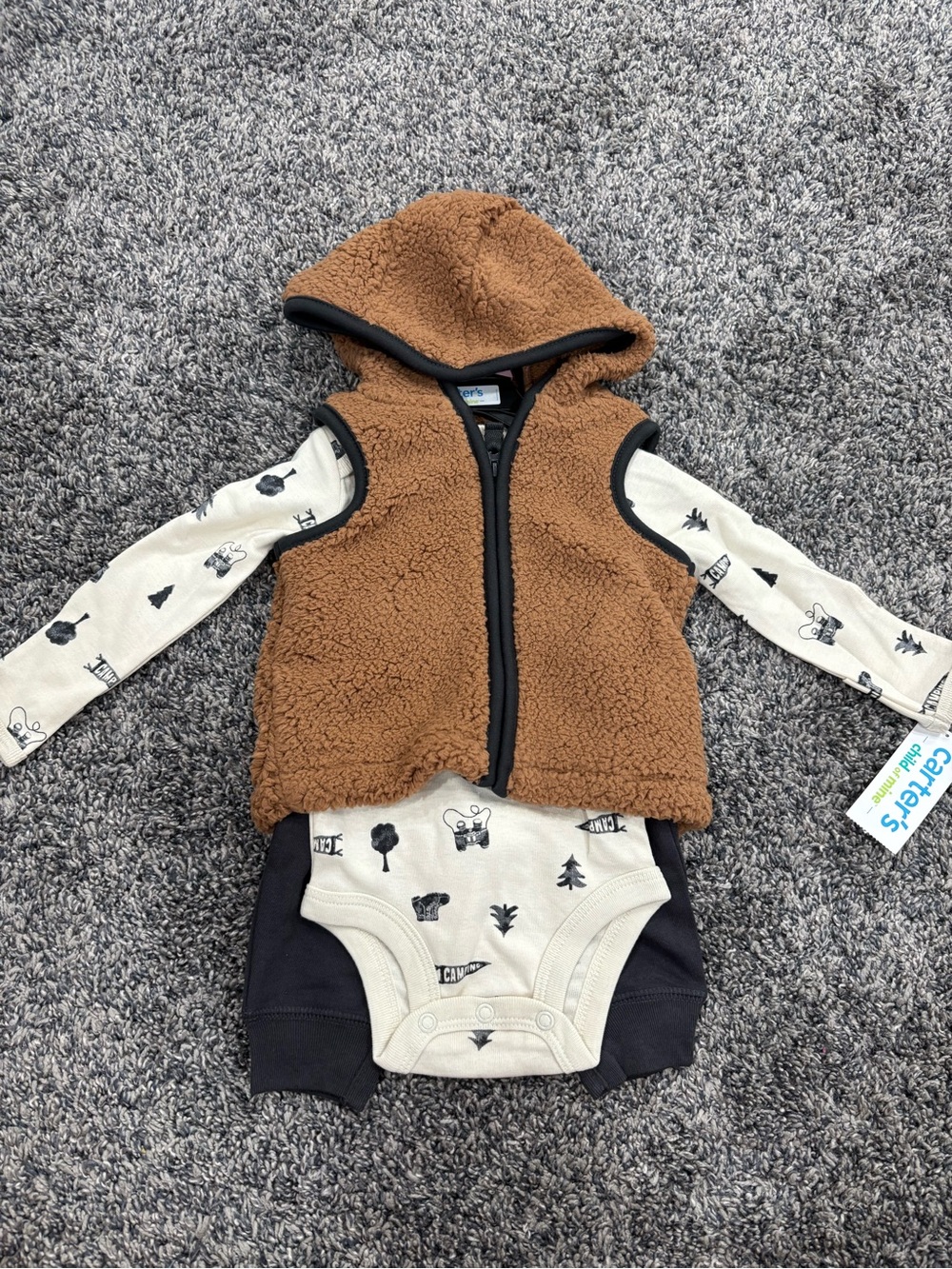 Carter's Brown Sherpa Hooded Vest onesie and pants- Baby three piece Set
